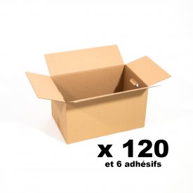 Pack 120 cartons renforc&eacute;s &agrave; poign&eacute;es + 6 adh&eacute;sifs offerts