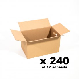 Pack 240 cartons renforc&eacute;s &agrave; poign&eacute;es + 12 adh&eacute;sifs offerts