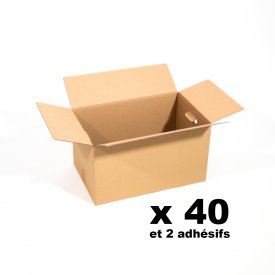 Pack 40 cartons renforc&eacute;s &agrave; poign&eacute;es + 2 adh&eacute;sifs offerts